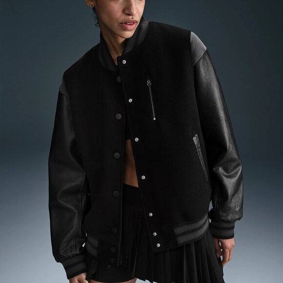 NIKE Sportswear Destroyer Leather & Wool Blend Varisty Bomber Jacket Size S NWT - Picture 1 of 16